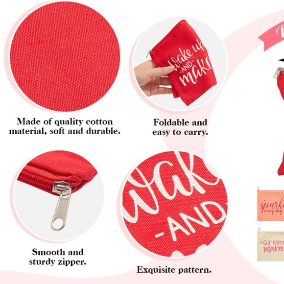 NWOT Women’s Makeup Accessory Red Cosmetic Bag With Fun Saying-WakeUp And Makeup - Picture 9 of 12